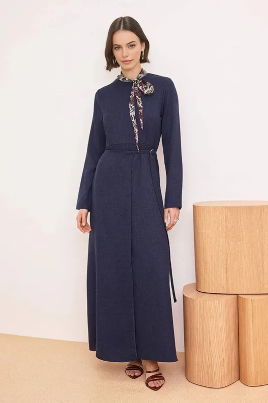 Tie Neck Maxi Dress with Linen Look Texture - WOVCOR