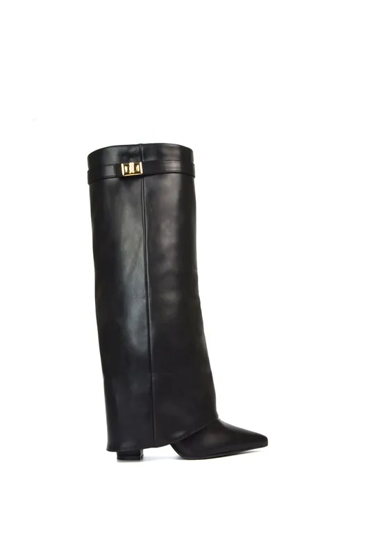 Rayna' Block Heel Knee High Foldover Boots With Pointed Toe - XY London