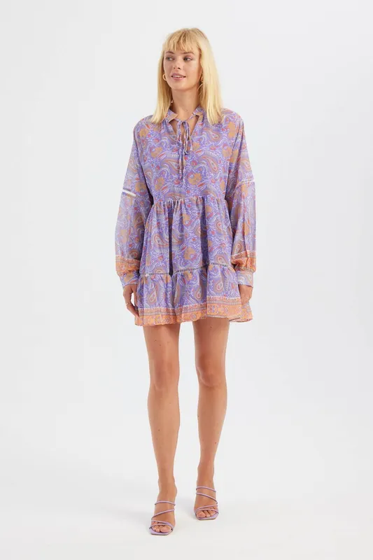 Abstract Shirt Collar Long Sleeve Mini Dress - Hiccup