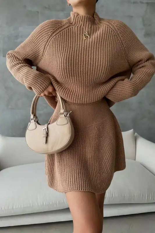 2 Pieces: High Neck Knitted Sweater & High Waist Skater Skirt - Hiccup