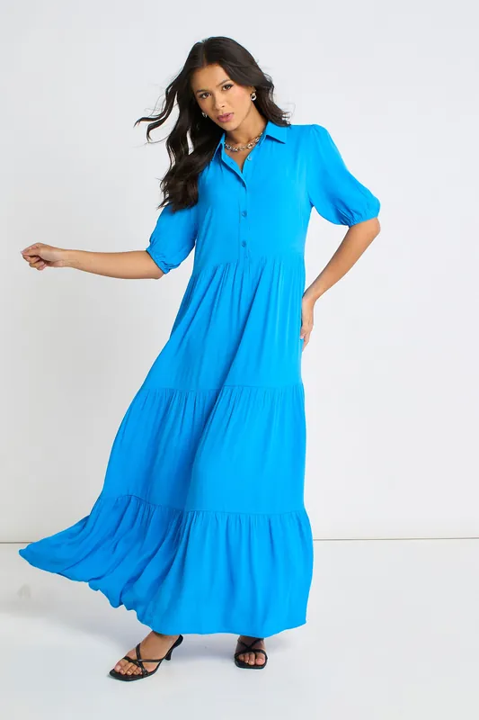 Blue Button Through Skater Maxi Dress - Gini London