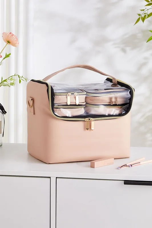 Pink Portable Makeup Train Case with 4 Clear Bags and Adjustable Dividers - SHEONLY