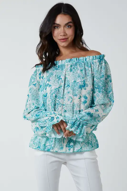 Butterfly Floral Print Gypsy Chiffon Blouse - Blue Vanilla