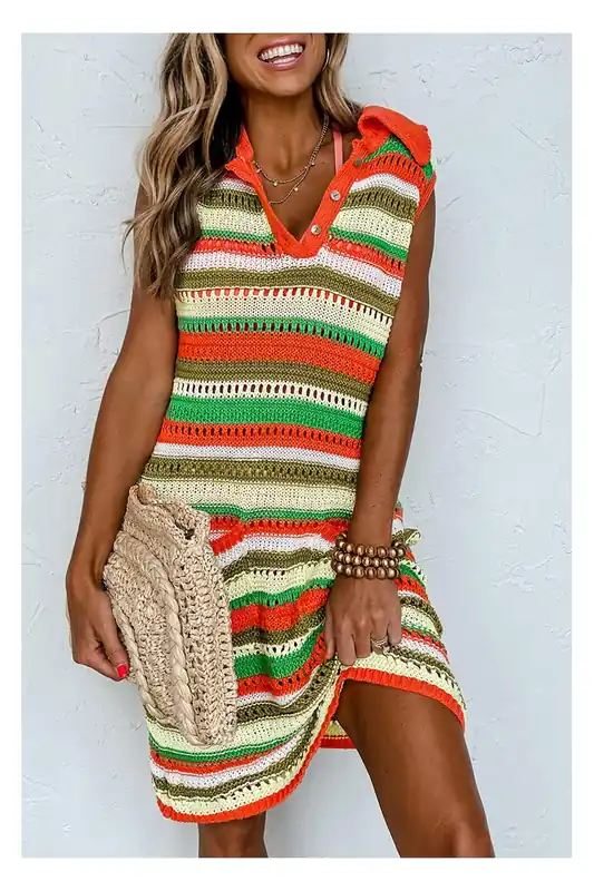 Yellow Stripe Eyelet Sleeveless Buttoned Split Neck Sweater Dress - Everyday The Label