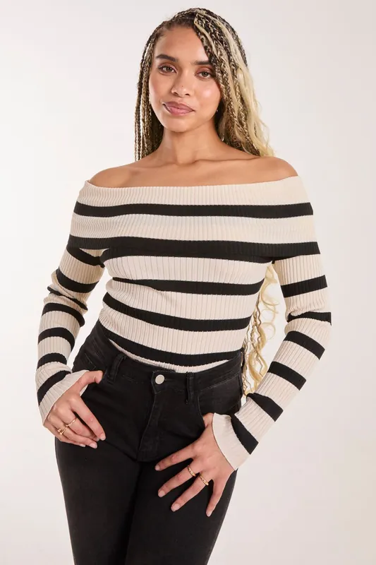 Striped Bardot Knit Top - Pink Vanilla