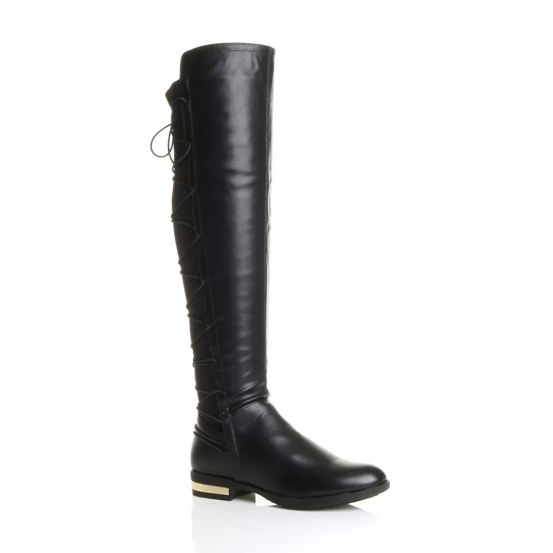 Elastic Tie Up Riding Knee High Boots - AJVANI