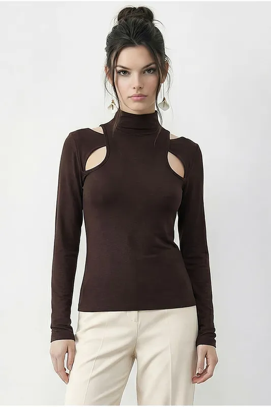 Slim Fit Half Turtleneck Cut Out Blouse - Bianco Lucci