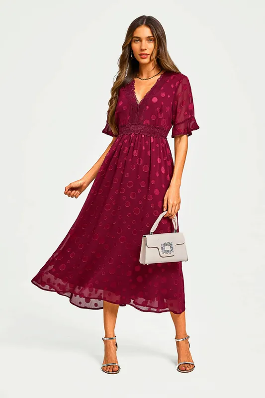Polka Dot Jacquard Lace Trim V Neck Midi Dress In Wine - FS Collection