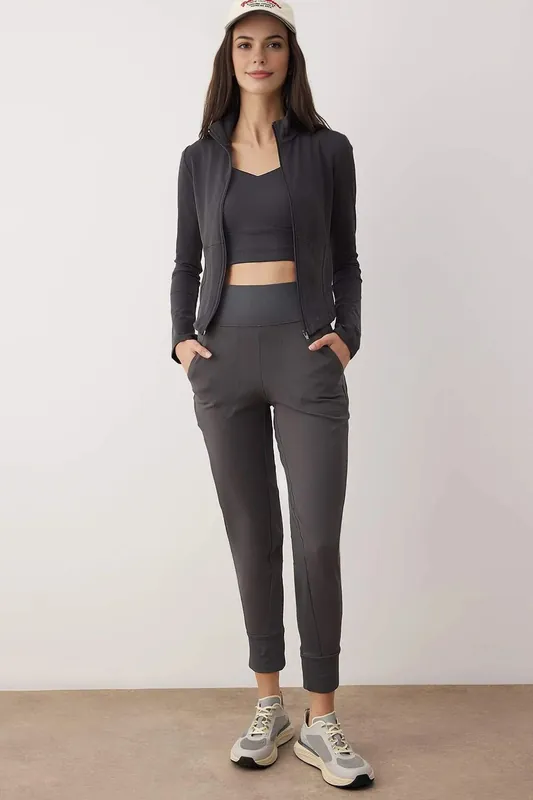 High Waist Brushed Knit Tapered Cuffed Sports Joggers - WOVCOR