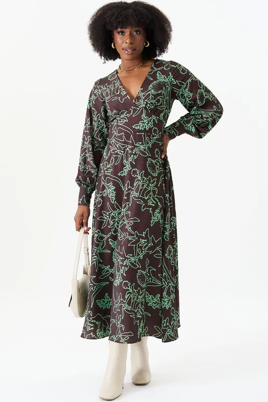 Brown V Neck Long Sleeves Midi Dress - Gini London