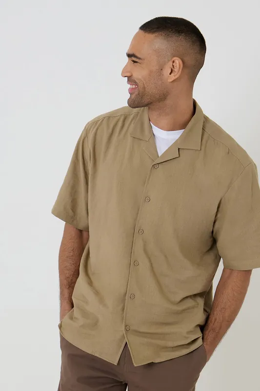 Linen Blend Revere Collar Short Sleeve Shirt - Threadbare