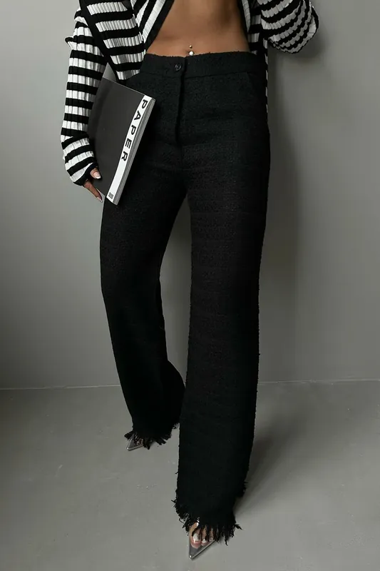 Tweed High Waist Straight Leg Trousers with a Tassel Hem - Hiccup