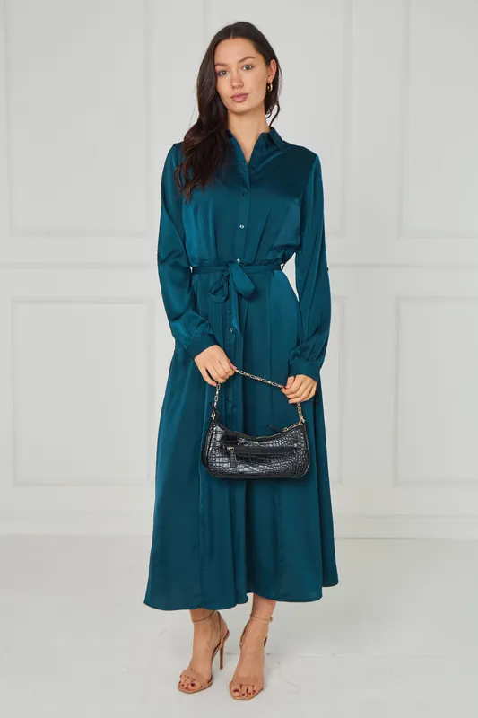 Teal Velvety Satin Maxi Shirt Dress - Love Sunshine
