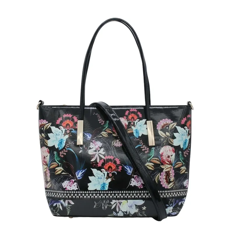 Floral Print Glossy Patent Faux Leather Tote Shoulder Handbag - Kitise