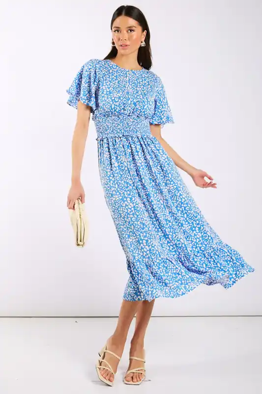 Blue Animal Smock Waisted Midi Dress - Needs No Label