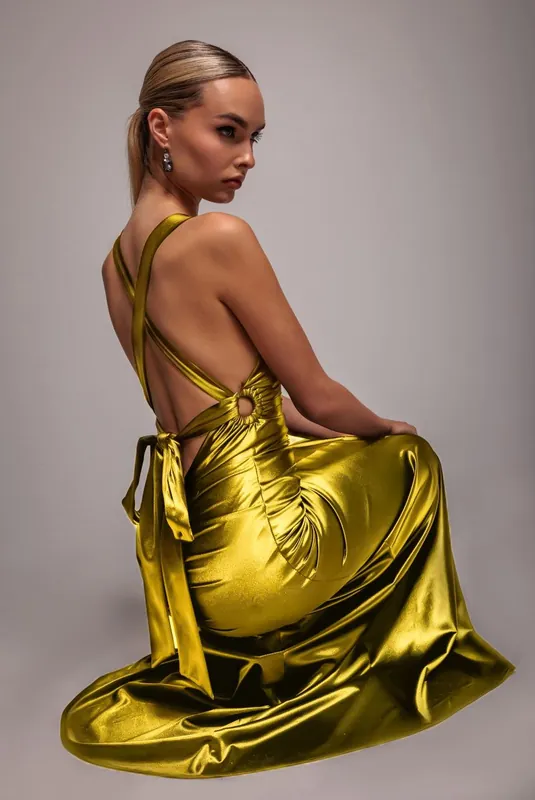 Multi Tied Satin Gathered Ring Maxi Dress - Goddiva