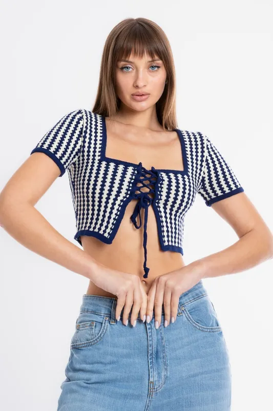 Geometric Square Neck Lace Up Short Sleeve Cropped Cardigan - Hiccup