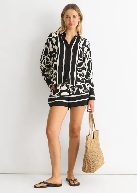 Mono Border Print Viscose Oversized Shirt - Gini London