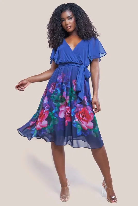 Chiffon Floral Border Print Midi Dress - Goddiva