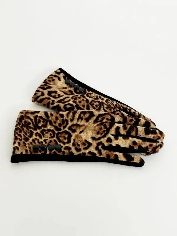 Leopard Print Gloves with Black Buttons - SVNX