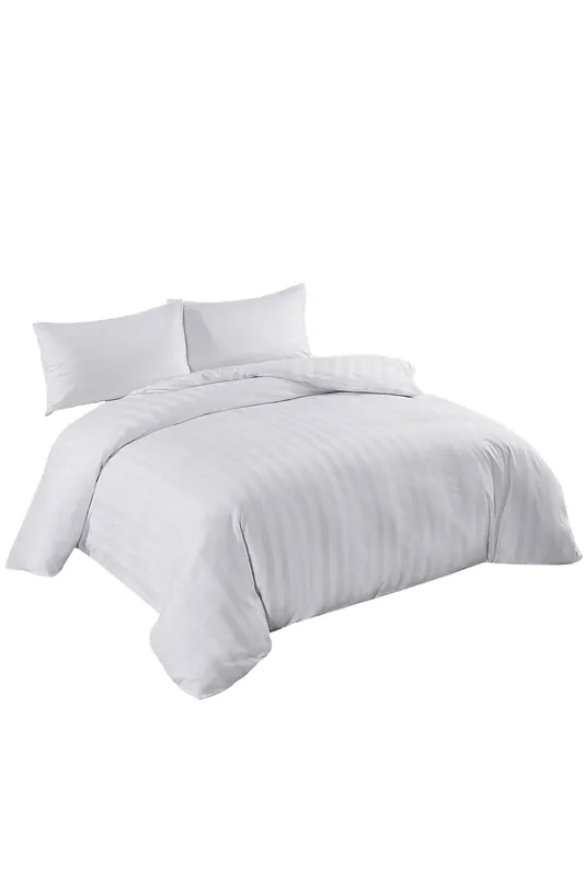 300TC Cotton Duvet Cover Set with 2 Pillowcases, White Satin Stripe, Double, 200cm x 200cm - Neel Blue