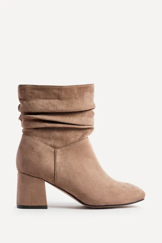 Zayda Wide Fit Mocha Faux Suede Ruched Heeled Ankle Boot - Linzi