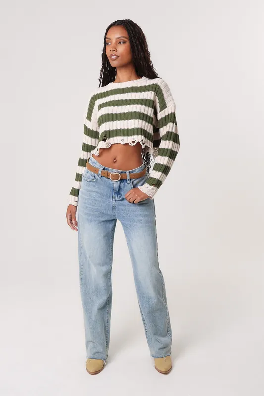Stone Distressed Striped Crop Knit Jumper - Pink Vanilla