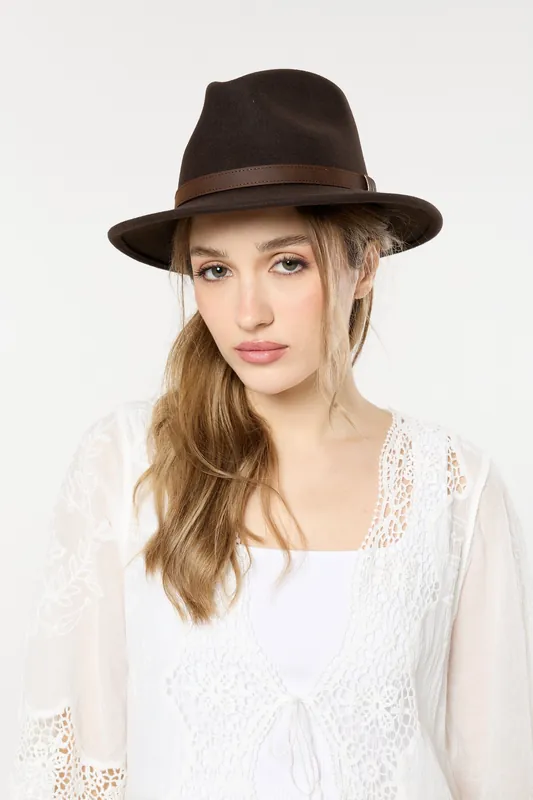 Wool Felt Fedora Hat with Leather Band - Liquorish