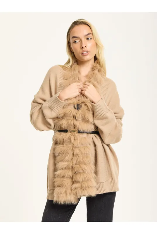 Camel Faux Fur Trim Belted Cardigan - Liquorish