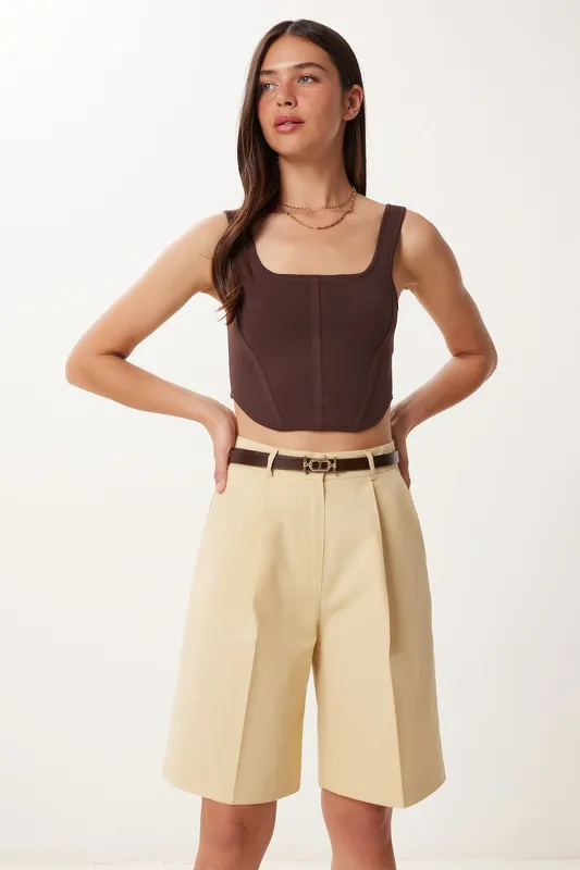 Belted woven tailored shorts - Happiness Istanbul