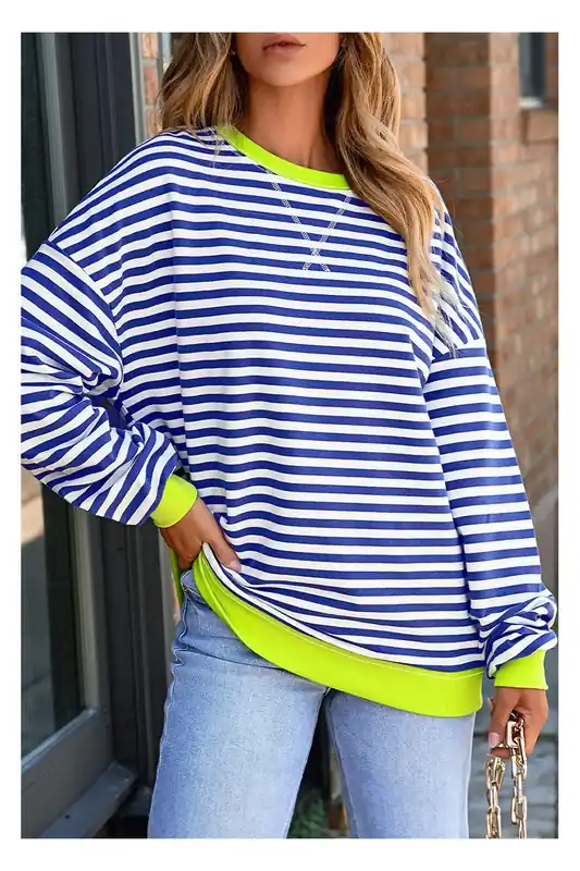 Sky Blue Stripe Striped Contrast Ribbed Trim Crossed Stitch Drop - Everyday The Label