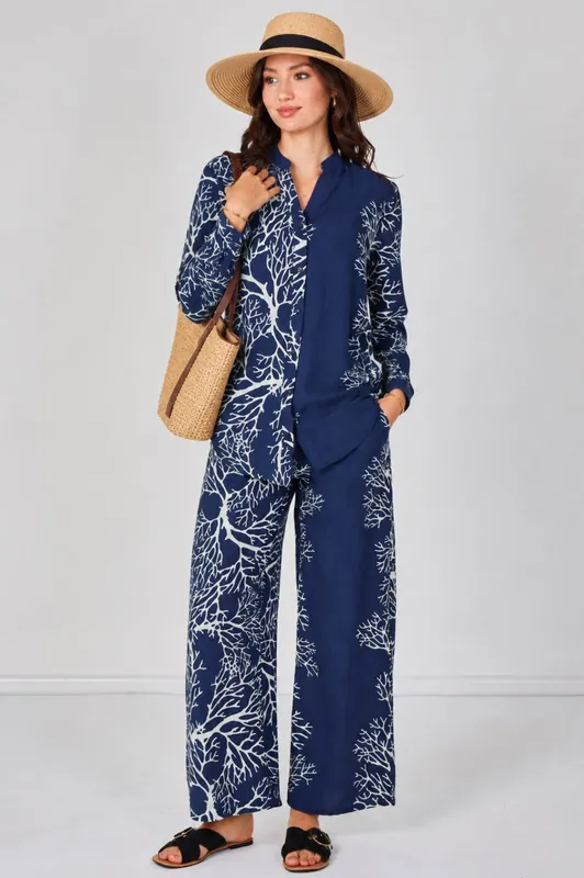 Navy Coral Print Shirt and Trouser Co-Ord Set