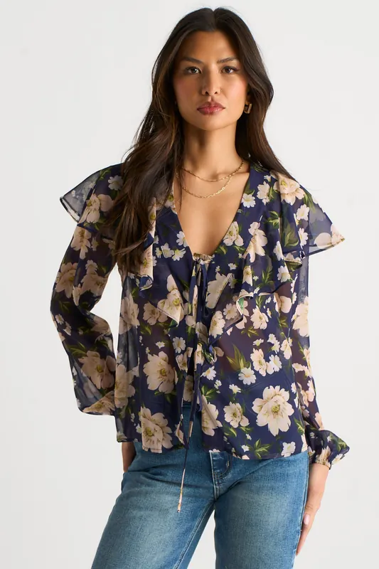 Navy Floral Ruffle Front Blouse - Gini London