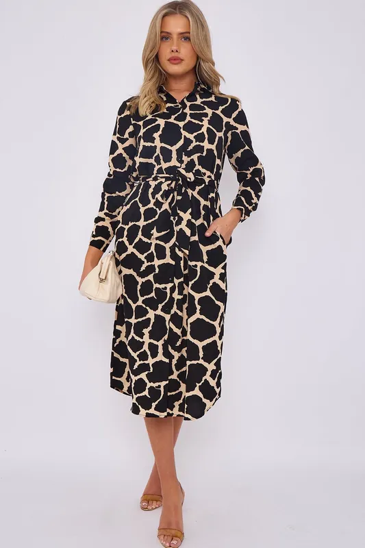 Cream Griaffe Printed Long Sleeve Midi Shirt Dress - Love Sunshine