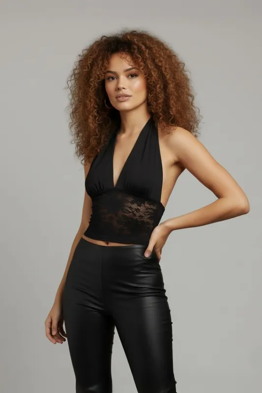 Halter Neck Lace Panel Crop Top - STYLEWISE