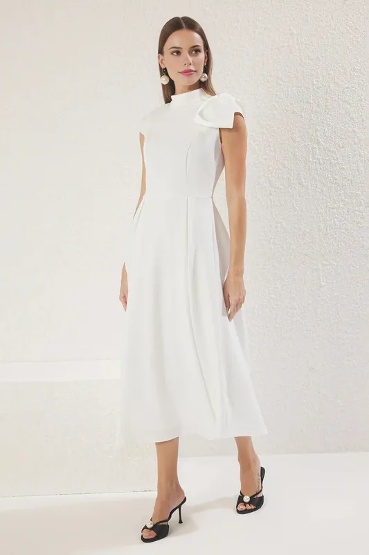 High Neck Pleated Midi Dress with Bow Detail - WOVCOR