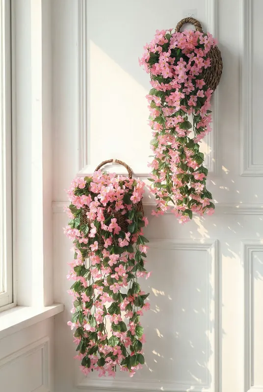 Pink Artificial Flowers Wall Hanging Four-Petal Violet Fake Flowers for Wedding, Home & Garden Decoration