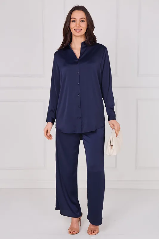 Midnight Navy Satin Shirt and Trousers Co-Ord