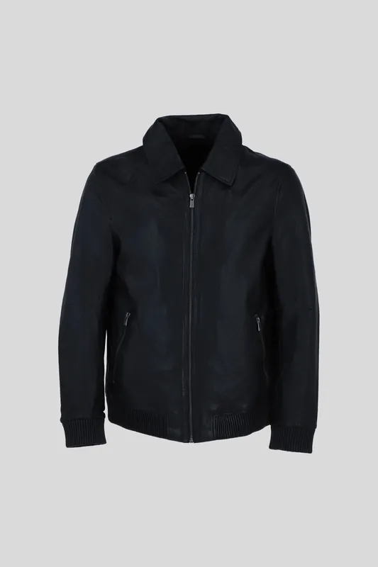 'Autograph' Real Leather Bomber Jacket with Leather Ribbed Trim - Ashwood Leather