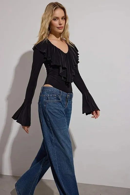 Ruffle V-Neck Long Sleeve Knit Bodysuit