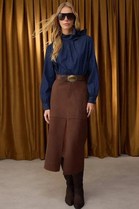 Suede Finish A-Line Maxi Knit Skirt with Button and Zip Detail