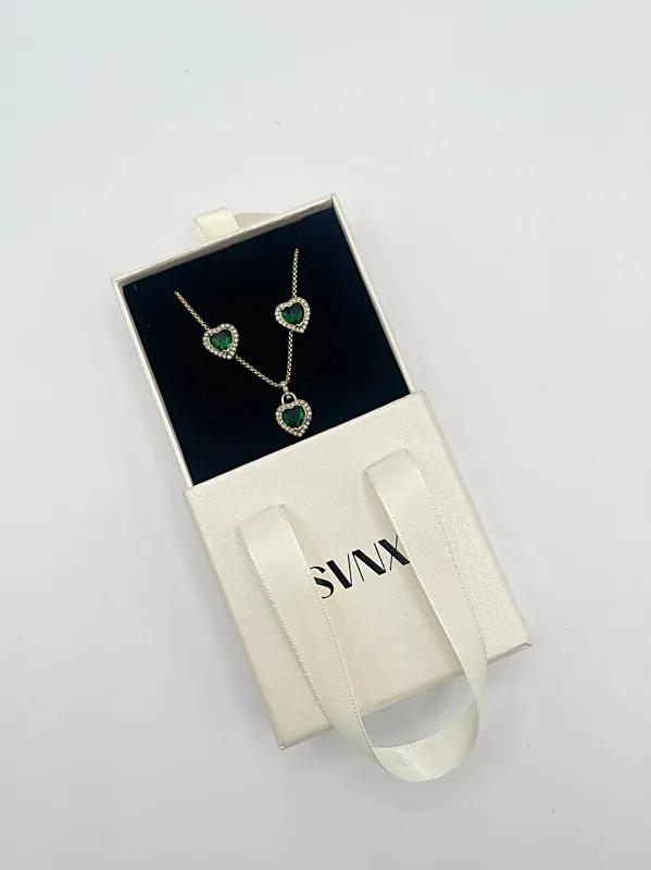 Green Diamante Heart Necklace and Earrings Set in Gold - SVNX