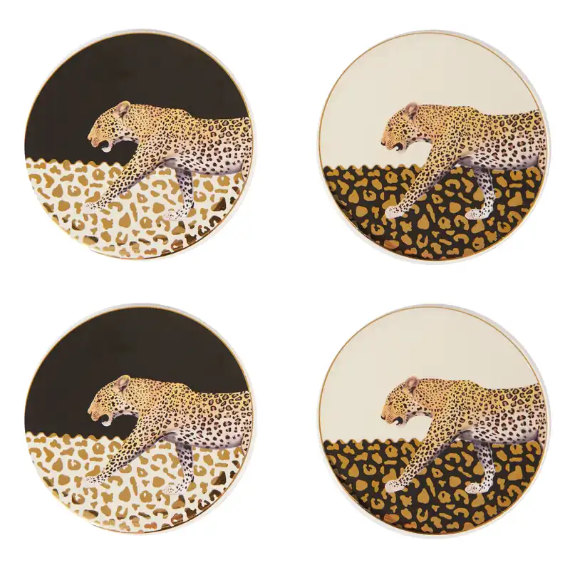 Stylish Set of 4 Coasters,Black & White Leopard Design Coasters With Gold Detailing,Stoneware Coasters - Orsina