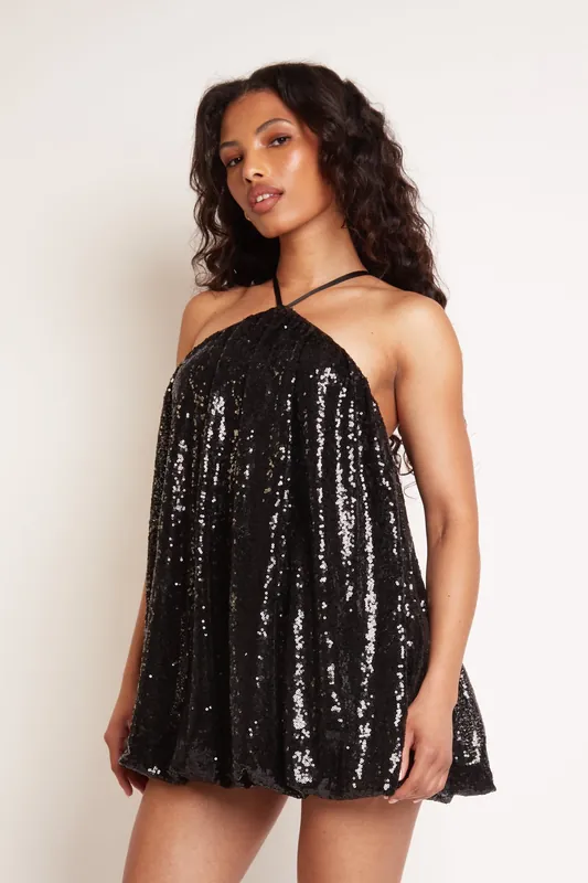 Loman Black Sequin Halter Neck Bubble Mini Dress - Jaded Rose