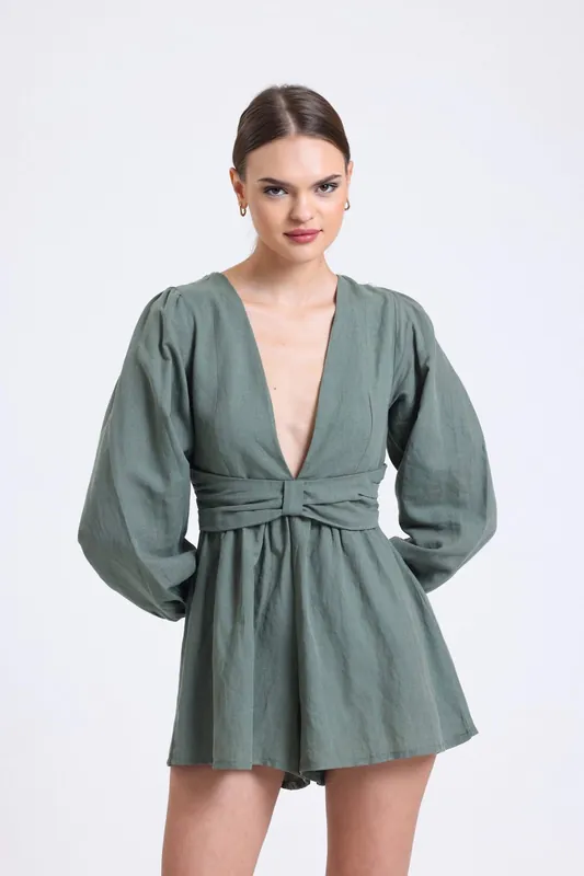 Linen Plunge Neck Long Sleeve Playsuit with a Back Cut Out - Hiccup