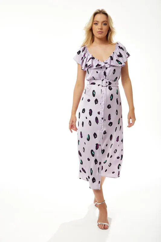 Belted Midi Dress with Off Shoulder Sleeves in Lilac Animal Print - Liquorish