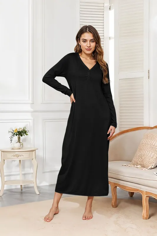 Long Sleeve V-neck Nightdress With Pockets