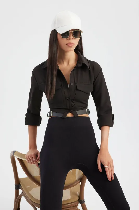 High Neck Pocket Cropped Shirt with a Belt Detail - Hiccup