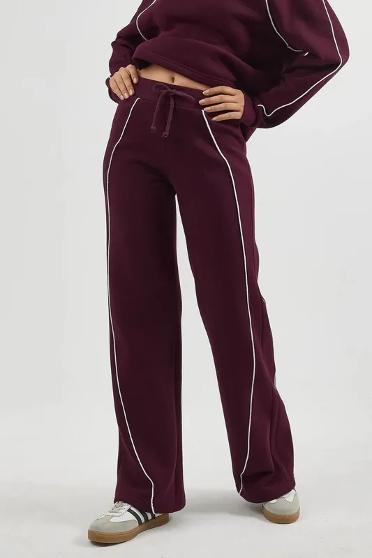 Contrast Binding Wide Leg Sweatpants with Drawstring - Busem