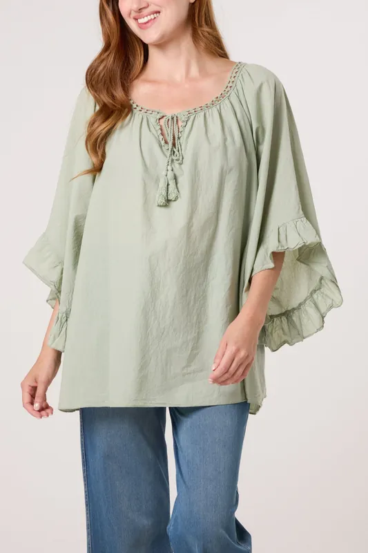 Khaki Bardot Cotton Tie Neck Top - Blue Vanilla
